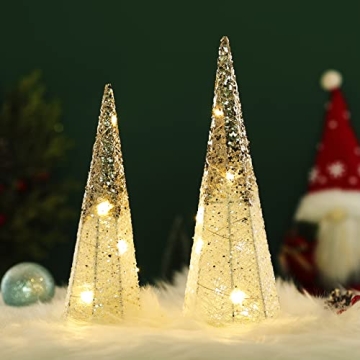 2 Pcs Lighted Christmas Table Decorations with Glitter - Battery Operated LED Christmas Tree Shaped ...