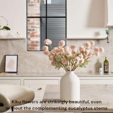 Beige Flowers Artificial + Eucalyptus, Fake Mums Long Stem Flowers, Tan Nude Cream Neutral Flowers For Decorations, Pom Pom Faux Kiku Flower bulk, Silk Flowers Mini Chrysanthemum Floral Arrangements