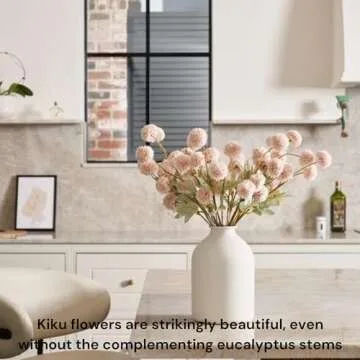 Beige Flowers Artificial + Eucalyptus, Fake Mums Long Stem Flowers, Tan Nude Cream Neutral Flowers For Decorations, Pom Pom Faux Kiku Flower bulk, Silk Flowers Mini Chrysanthemum Floral Arrangements