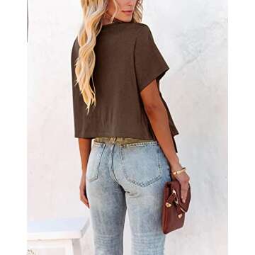 Fanway&EC Women's Short Sleeve V Neck Blouses Ruffle Hem Tie Front Crop Tops Lightweight Basic Summe...
