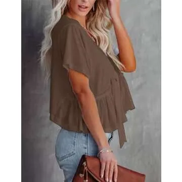 Fanway&EC Women's Short Sleeve V Neck Blouses Ruffle Hem Tie Front Crop Tops Lightweight Basic Summer Tops (Brown,Small,Small,US,Alpha,Adult,Female,Regular,Regular)