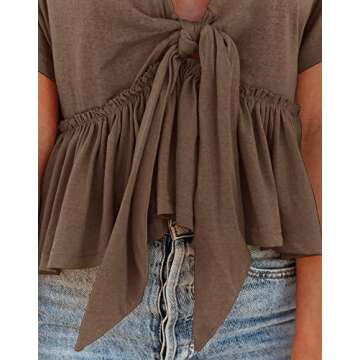 Fanway&EC Women's Short Sleeve V Neck Blouses Ruffle Hem Tie Front Crop Tops Lightweight Basic Summer Tops (Brown,Small,Small,US,Alpha,Adult,Female,Regular,Regular)