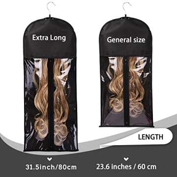 3PCS Extra Long Hair Extension Storage Bag Hairpieces Storage Holder with Wooden Hanger Dust-proof Portable Suit with Transparent Zip Up Closure- Light weight, Waterproof and Portable (Black)