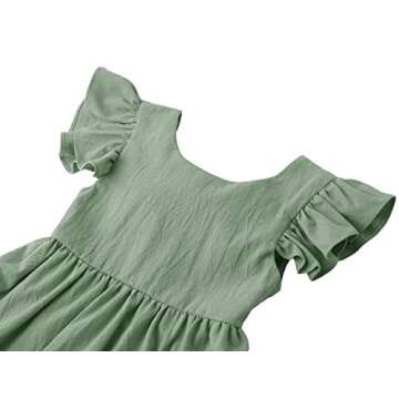 LYXIOF Toddler Baby Girl Cotton Linen Summer Dress Ruffle Sleeve Back Bowknot Kids Beach Dresses Green 90CM