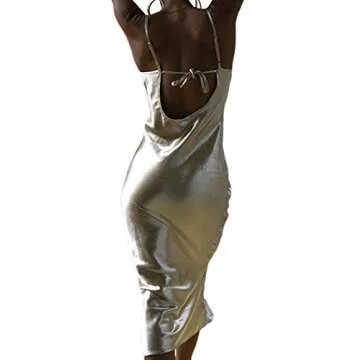 xxxiticat Women's Sleeveless Spaghetti Strap Satin Dress Cocktail Beach Evening Party Cowl Neck Back Tie Up Maxi Dresses(GO,S) Gold