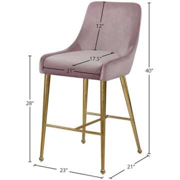 Meridian Furniture Owen Collection Modern | Contemporary Velvet Upholstered Counter Stool with Polished Gold Metal Legs, Set of 2, 23" W x 21" D x 40" H, Pink