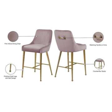 Meridian Furniture Owen Collection Modern | Contemporary Velvet Upholstered Counter Stool with Polished Gold Metal Legs, Set of 2, 23" W x 21" D x 40" H, Pink