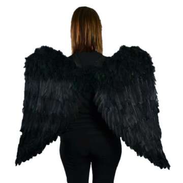 Touch of Nature Black Adult Angel Wings - 43" by 27" - Halo Included - Black Feather Wing - Costume ...