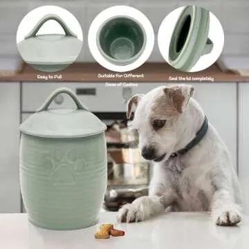 NIXBYO Large Dog Treat Container Airtight, Cute Dog Treat Jar with Lids,Rustic Dog Treat Storage Container, Ceramic Cat Food Jars for Kitchen Counter, Green