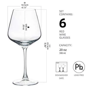 YANGNAY Wine Glasses (Set of 6, 20 Oz), Large Clear Burgundy Wine Glasses for Red Wine, Smooth Rim, ...