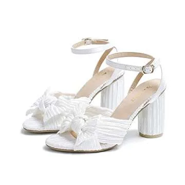 Amoji Women's Block 3.7''Heeled Sandal Bowknot Pleated Low Chunky Heels Ankle Strap Wedding Party Dressing Dress Shoes 302 White Size 10 women