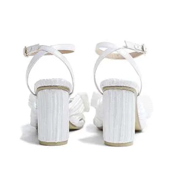 Amoji Women's Block 3.7''Heeled Sandal Bowknot Pleated Low Chunky Heels Ankle Strap Wedding Party Dressing Dress Shoes 302 White Size 10 women
