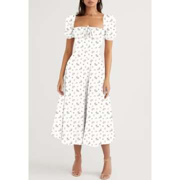 Womens Cottagecore Puff Sleeve Split A-Line Maxi Dress Elegant Floral Print Ruched Long Dress White X-Large