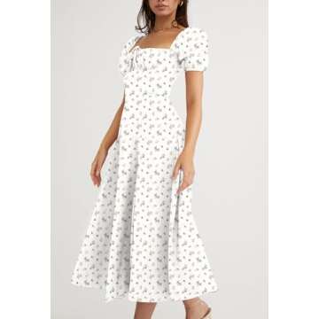 Womens Cottagecore Puff Sleeve Split A-Line Maxi Dress Elegant Floral Print Ruched Long Dress White X-Large