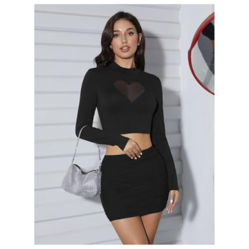 OYOANGLE Women's Heart Mesh Crop Top Club Wear Black