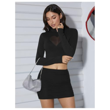 OYOANGLE Women's Heart Mesh Crop Top Club Wear Black