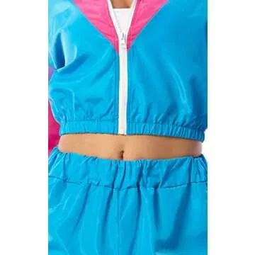 Yisfri Women's Vintage 80s 90s Style 2 Piece Outfit Long Sleeve Full Zip Windbreaker Tracksuits Themed Party Pants Set (Blue, M)