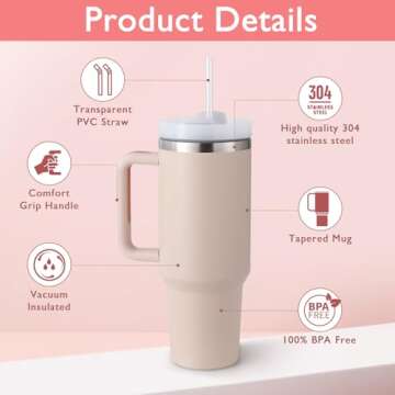 Ochapa 40 oz Tumbler with Handle Straw Lid Insulated Stainless Steel Vacuum Reusable Keep Drinks Cold Coffee Cup Holder Friendly Gifts for Valentine's Day Women Lover Car Gym Travel, Pink