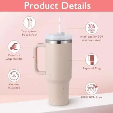 Ochapa 40 oz Tumbler with Handle Straw Lid Insulated Stainless Steel Vacuum Reusable Keep Drinks Cold Coffee Cup Holder Friendly Gifts for Valentine's Day Women Lover Car Gym Travel, Pink
