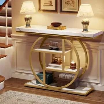 Tribesigns 41.3" Console Table, Industrial 4-Tier Sofa Table Entryway Table with Circle Base, Narrow Wood Accent Tables with Storage Shelves for Living Room, Hallway, Foyer, White Gold
