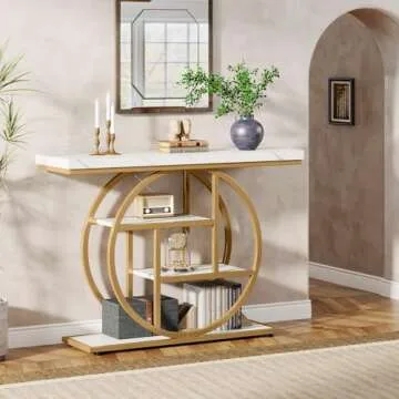 Tribesigns 41.3" Console Table, Industrial 4-Tier Sofa Table Entryway Table with Circle Base, Narrow Wood Accent Tables with Storage Shelves for Living Room, Hallway, Foyer, White Gold