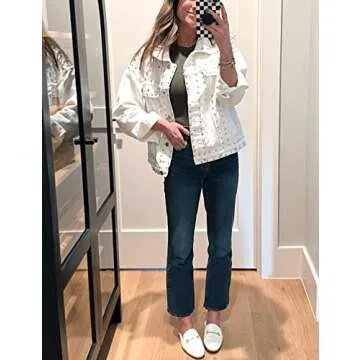 APAFES Women's Fashion Crop White Denim Jacket Distressed Western Studded Black Trucker Jacket(0270-White-S-NG)