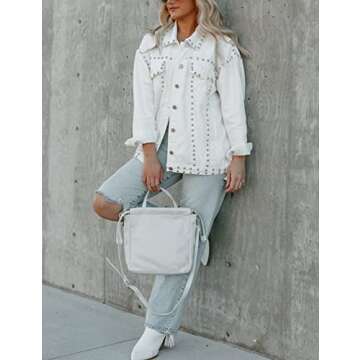 APAFES Women's Fashion Crop White Denim Jacket Distressed Western Studded Black Trucker Jacket(0270-White-S-NG)