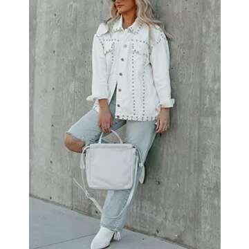 APAFES Women's Fashion Crop White Denim Jacket Distressed Western Studded Black Trucker Jacket(0270-White-S-NG)