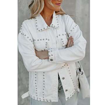 APAFES Women's Fashion Crop White Denim Jacket Distressed Western Studded Black Trucker Jacket(0270-White-S-NG)