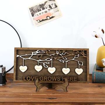 Jeweidea Personalized Family Sign with 2-9 Names Custom Wooden Tree of Life Frame Engraved Wood Plaques Decor Birthday Gift for Mom Women (5 Names)