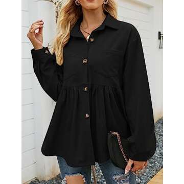 Flygo Women's Corduroy Peplum Shirts Button Down Oversized Babydoll Shacket Jacket Top(Black-S)