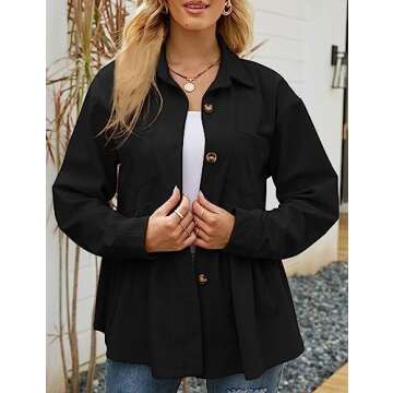 Flygo Women's Corduroy Peplum Shirts Button Down Oversized Babydoll Shacket Jacket Top(Black-S)
