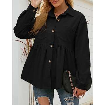 Flygo Women's Corduroy Peplum Shirts Button Down Oversized Babydoll Shacket Jacket Top(Black-S)