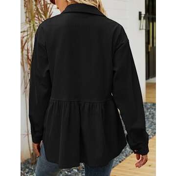 Flygo Women's Corduroy Peplum Shirts Button Down Oversized Babydoll Shacket Jacket Top(Black-S)