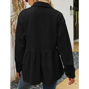 Flygo Women's Corduroy Peplum Shirts Button Down Oversized Babydoll Shacket Jacket Top(Black-S)