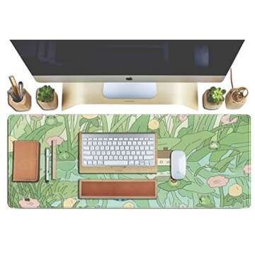 Cute Green Plant Floral Desk Mat Anime Frog Mouse Pad XL Kawaii Japanese Large PC Gaming Mousepads Computer Keyboard and Mouse Mat for Women Office Gamer Girl Desk Decor Desk Pad 31.5x11.8 in