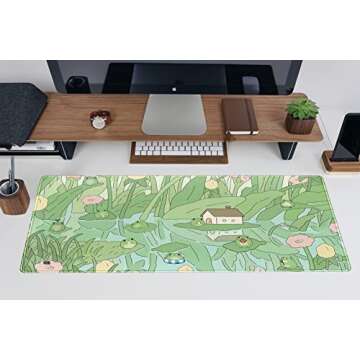 Cute Green Plant Floral Desk Mat Anime Frog Mouse Pad XL Kawaii Japanese Large PC Gaming Mousepads Computer Keyboard and Mouse Mat for Women Office Gamer Girl Desk Decor Desk Pad 31.5x11.8 in
