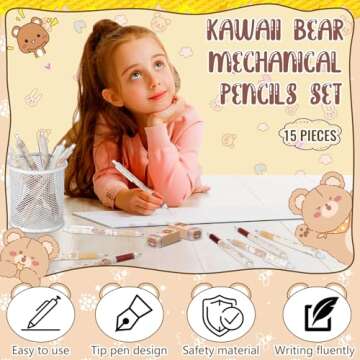Sabary 15 Pieces Kawaii Mechanical Pencil Set Include Bear Mechanical Pencils with Tubes 0.5 mm Pen Refills Cute Erasers First Day of School Supplies Christmas Pen Gift for Kids Student