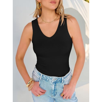 ANRABESS Tank Tops for Women V Neck Ribbed Knit Slim Fitted Sleeveless Basic Tee Tanks Casual Summer...