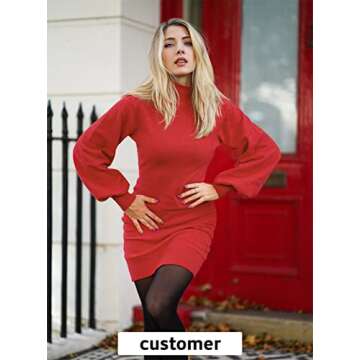 EXLURA Womens Mock Neck Puff Long Sleeve Bodycon Pullover Cute Mini Sweater Dress Red