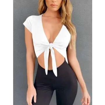 LCNBA Deep v Neck Short Sleeve Crop Top,Bandage Cross Wrap Tie Up Crop Tops White