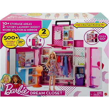 Barbie Dream Closet Playset with 35+ Doll Clothes & Accessories, Includes 5 Complete Looks, Pop-Up Second Level, Mirror & Laundry Chute