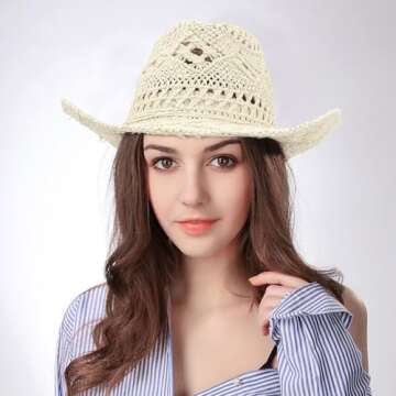 EOZY Men & Women's Summer Cowboy Cowgirl Straw Hat Hollow Out Woven Roll Up Wide Brim Hat/Beige