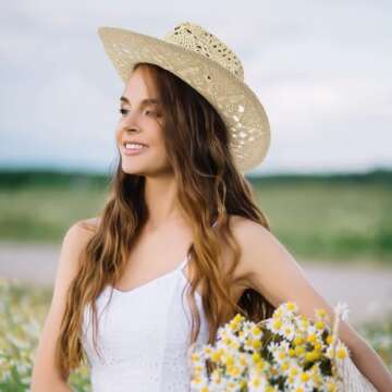 EOZY Men & Women's Summer Cowboy Cowgirl Straw Hat Hollow Out Woven Roll Up Wide Brim Hat/Beige