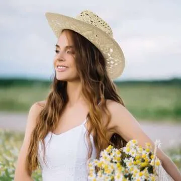 EOZY Summer Cowboy Cowgirl Straw Hat, Beige