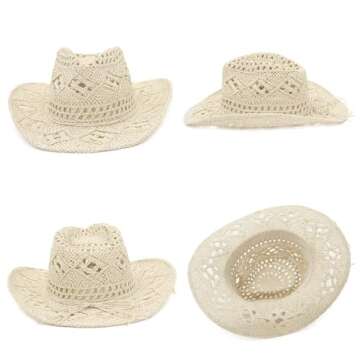 EOZY Men & Women's Summer Cowboy Cowgirl Straw Hat Hollow Out Woven Roll Up Wide Brim Hat/Beige
