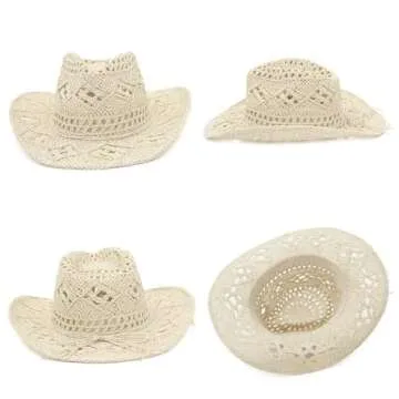EOZY Summer Cowboy Cowgirl Straw Hat, Beige