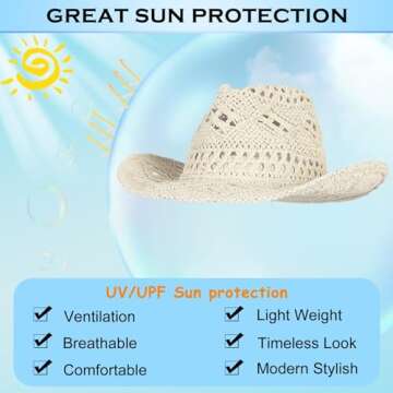 EOZY Men & Women's Summer Cowboy Cowgirl Straw Hat Hollow Out Woven Roll Up Wide Brim Hat/Beige