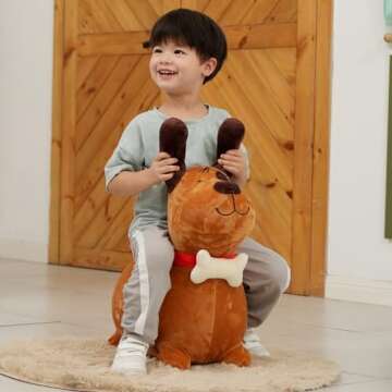 INPANY Bouncy Brown Dog Hopper Toy 2 Year Old Boy, Toddler Plush Bouncing Horse Hopper, Ride on Anim...