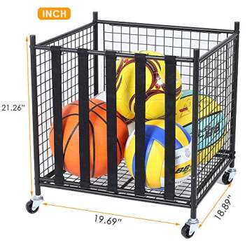 Snail Sports Ball Storage Rolling Cart Lockable Sports Ball Storage Rack with Elastic Straps, Stacka...